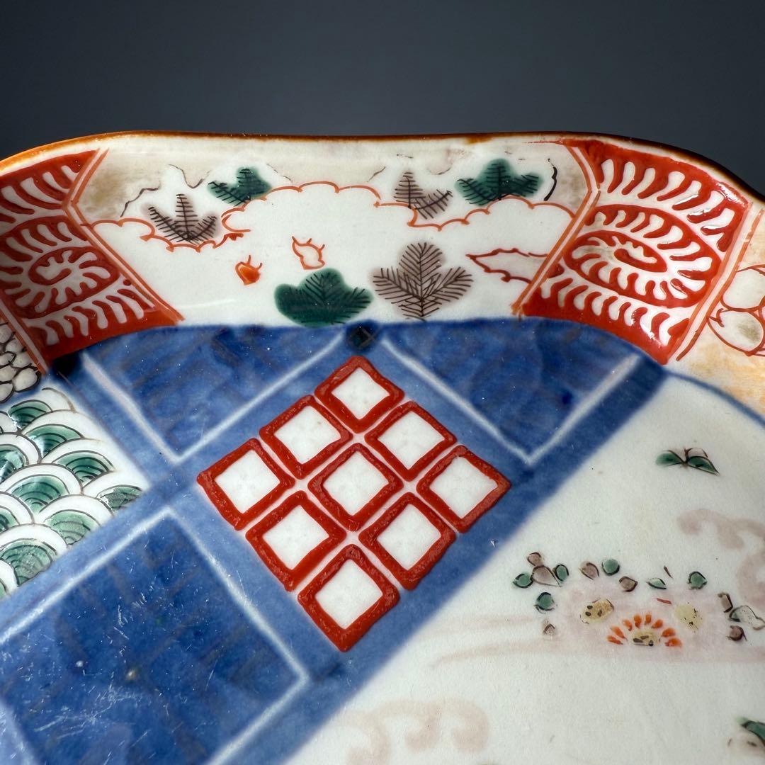 古伊万里 色絵幾何学文木瓜形皿 五客 裏文様有 巻物 宝珠