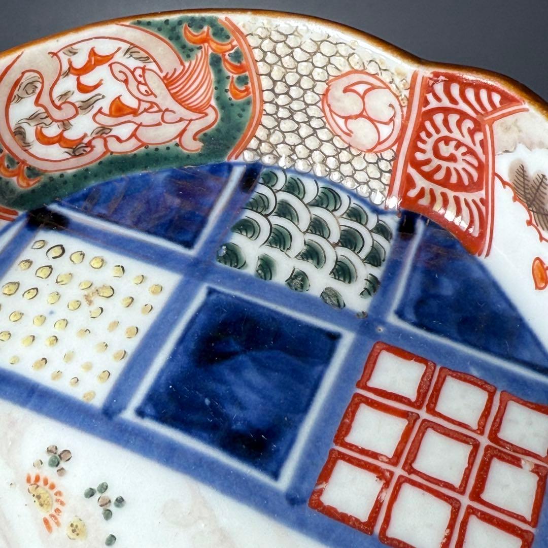 古伊万里 色絵幾何学文木瓜形皿 五客 裏文様有 巻物 宝珠