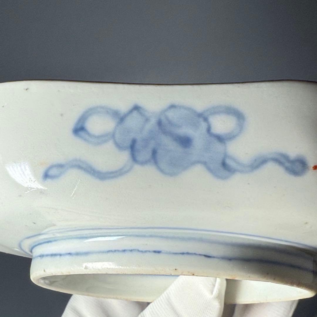 古伊万里 色絵幾何学文木瓜形皿 五客 裏文様有 巻物 宝珠