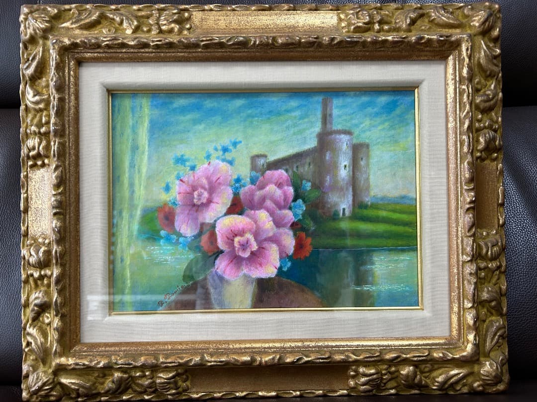 立松富雄作『花とシャトー (皐月)』(油彩)