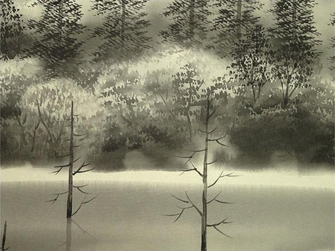 真作】掛軸 荻野次郎『大正池 山水図』絹本 肉筆 共箱 掛け軸 a072810