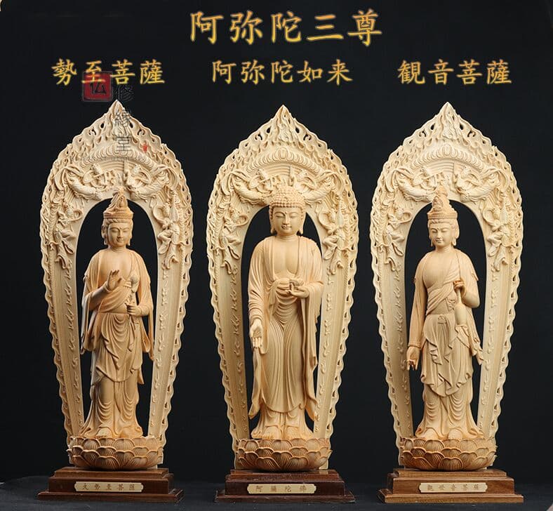 【修縁堂】最高級 木彫仏像 阿弥陀三尊立像 観世音 阿弥陀如来 勢至菩薩 彫刻 楽天市場】木彫り彫刻 仏像 阿弥陀三尊 （截金彩色） 立像 阿弥陀如来