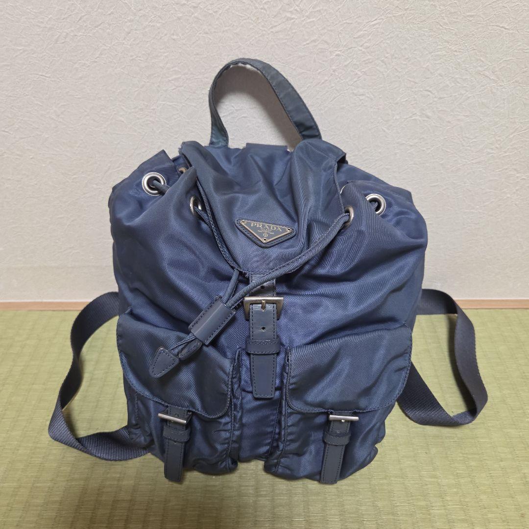 【美品】プラダ PRADA ミニリュック ナイロン レザー 三角ロゴ 紺色 PRADA（プラダ） ミニリュックサック バックパック 三角ロゴ ナイロン