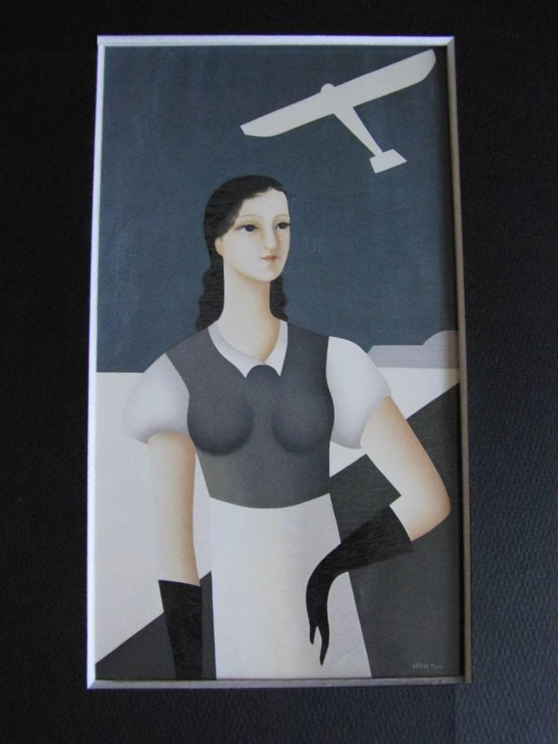 東郷青児、【N夫人と飛行機】、希少な額装用画集より、状態良好、新品額装付