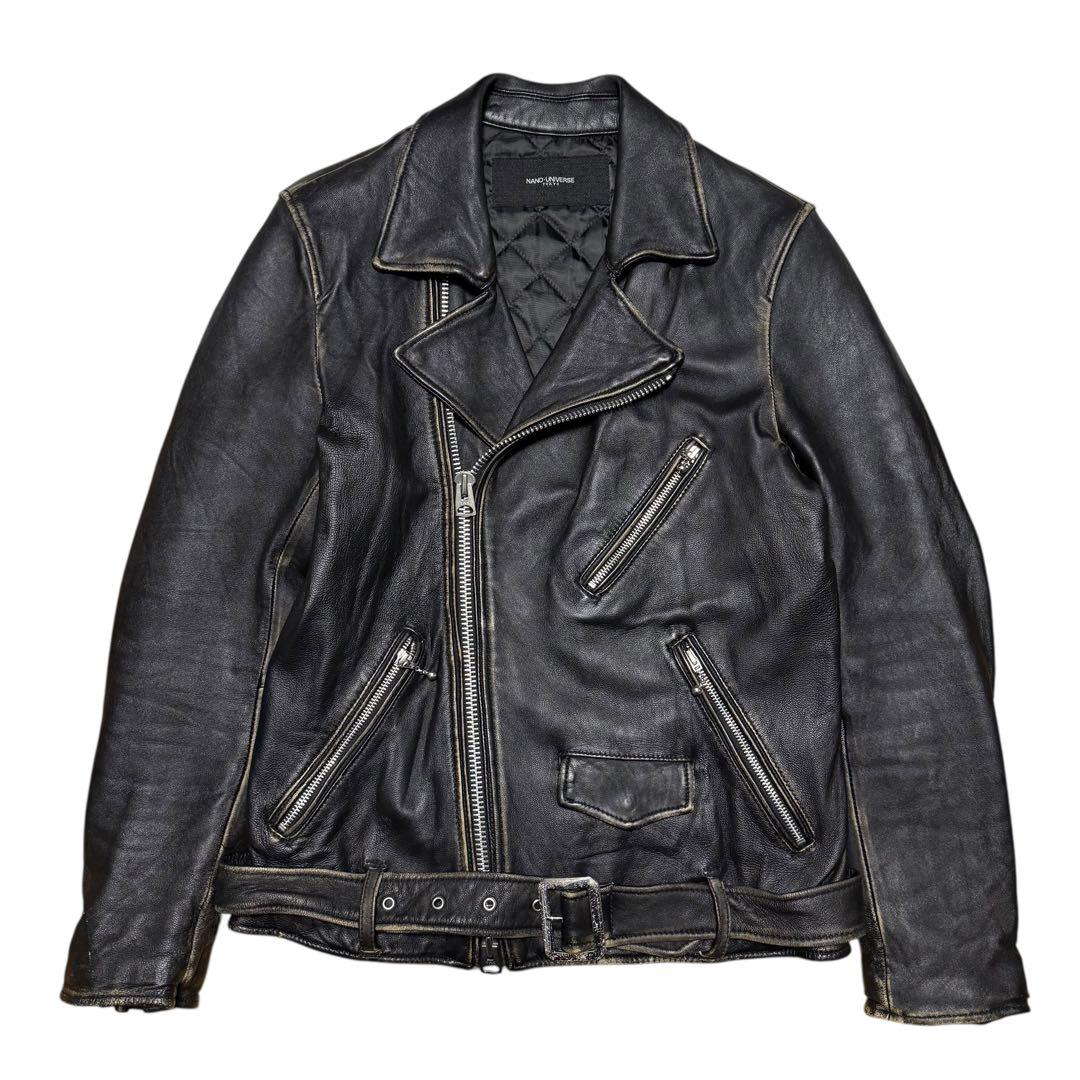 NANO universe ヴィンテージ加工 ライダースジャケット シープレザー Lサイズ◎NANO UNIVERSE 羊革 シープレザー 名作 ダブルライダース