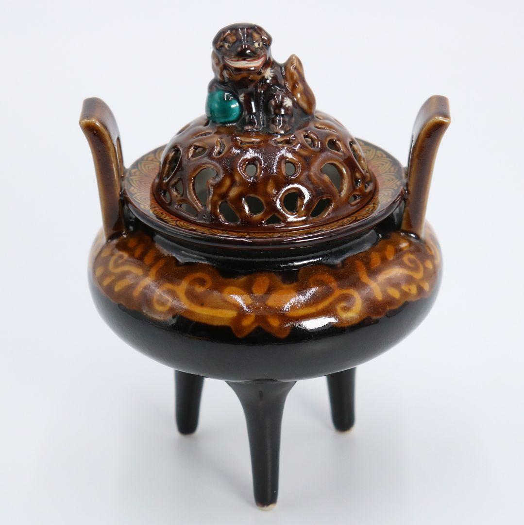 三ツ井為吉作 深厚釉香炉九谷焼 火焔文皇玉獅子 高足三足 共箱/共布AP88