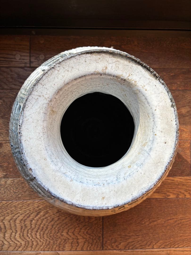 大迫力】現代作家物 白釉 鉄絵 大壺 花器 34cm 銘あり 壺