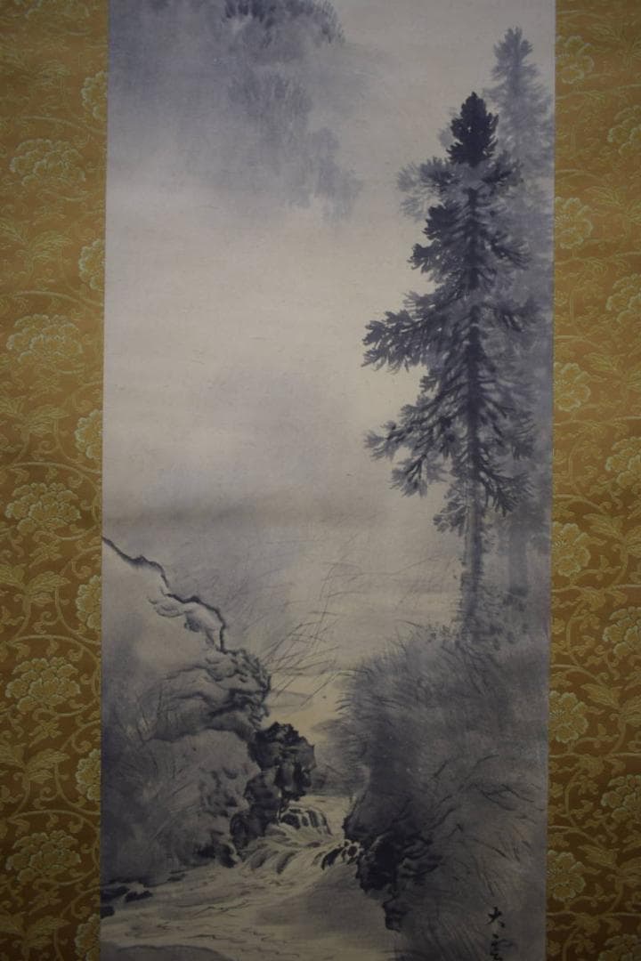 真作/小村大雲/水墨山水/夕景山水図/桐題箱付/布袋屋掛軸HJ-36 水墨山水 今村景元 尺五【肉筆】！ 山水画 - 掛け軸（掛軸）販売通販