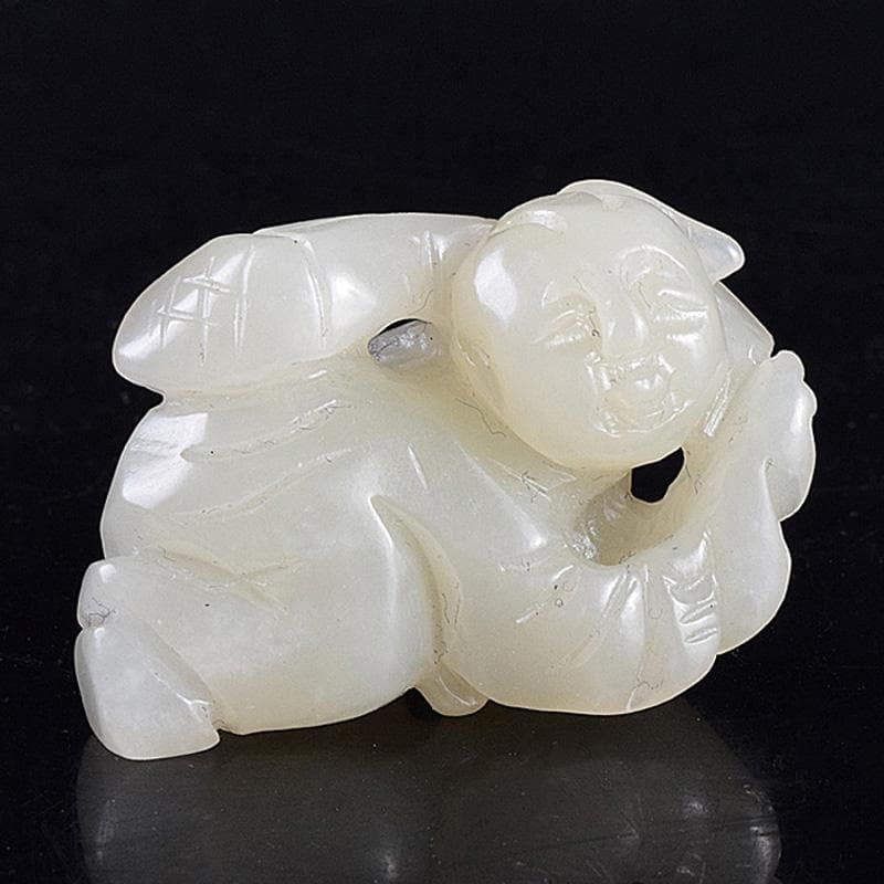 中国　玉石白玉彫刻　人物彫　根付　置物　C　7848E