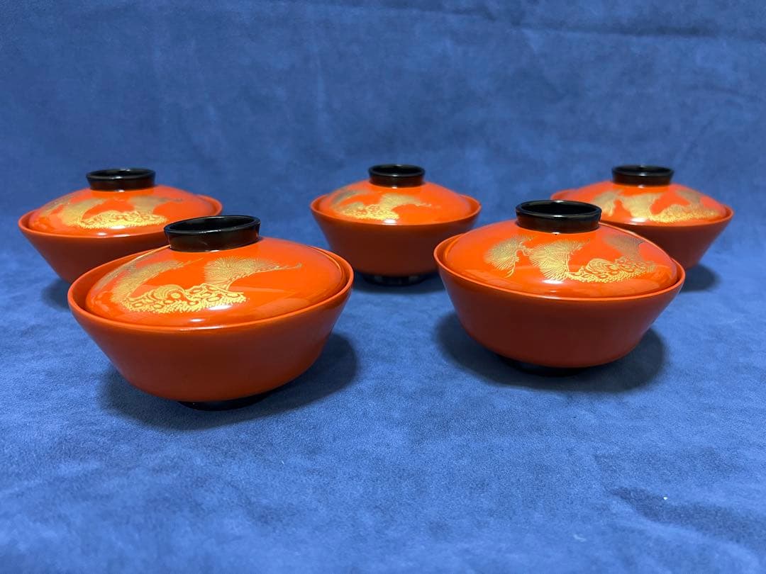 漆器 輪島塗 木製 蒔絵 蓋付椀 汁椀 5客 時代物 在銘稲森 木