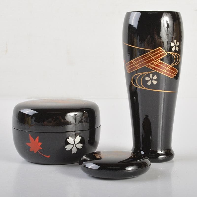 溜柿合ヘギ目 七宝蒔絵 茶箱 京焼 加藤昌山造 茶碗 棗など 八点 VR6757