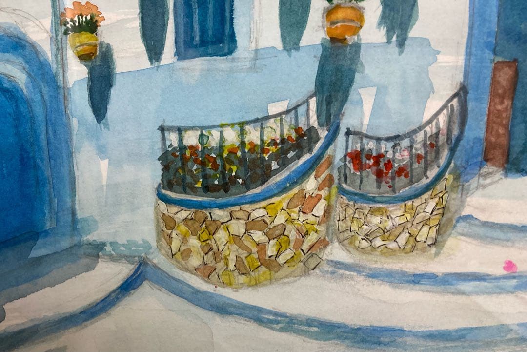 水彩画 「 ブーゲンビリアの街かど 」 原画 額付