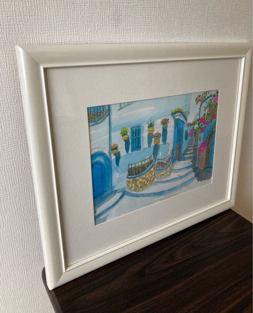 水彩画 「 ブーゲンビリアの街かど 」 原画 額付