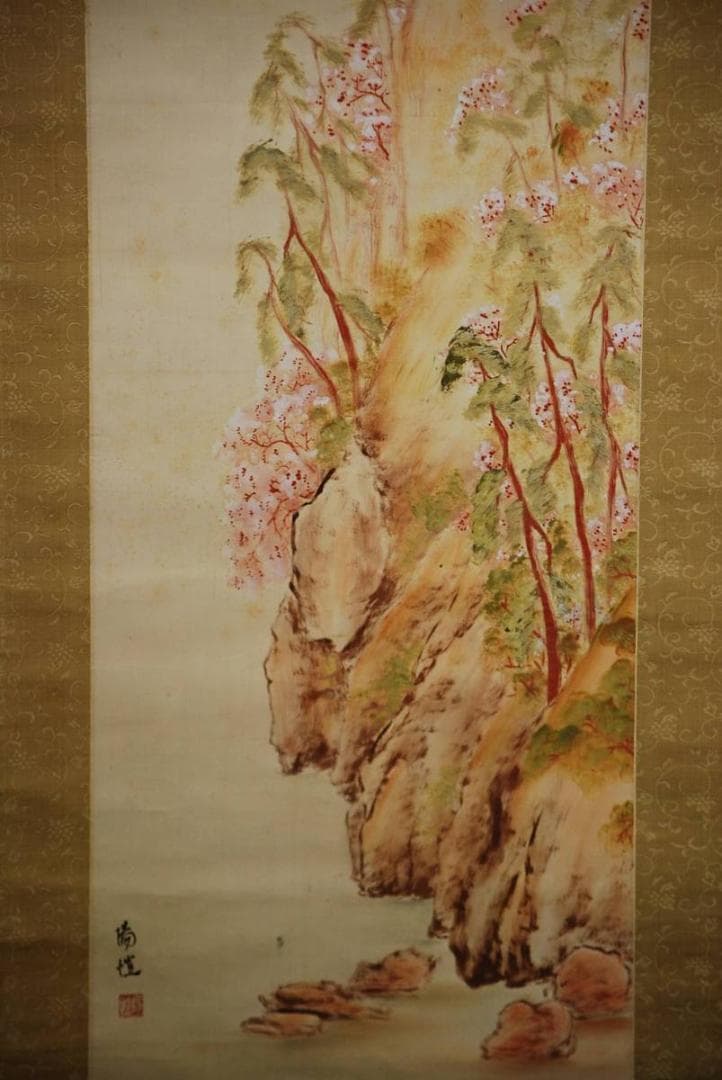 真作/上田陽愷/嵐山春色/漆絵/金襴表装/布袋屋掛軸HB-16