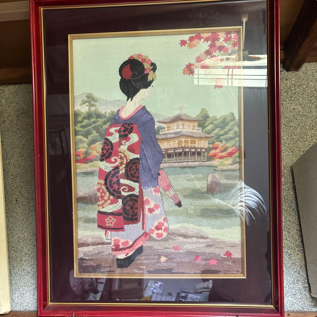 刺繍 日本画 女性と風景