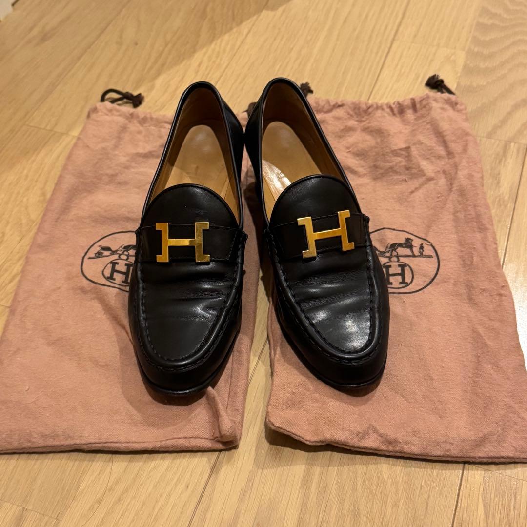 【24cm】HERMES 黒ローファー コンスタンス エルメス 37 1/2