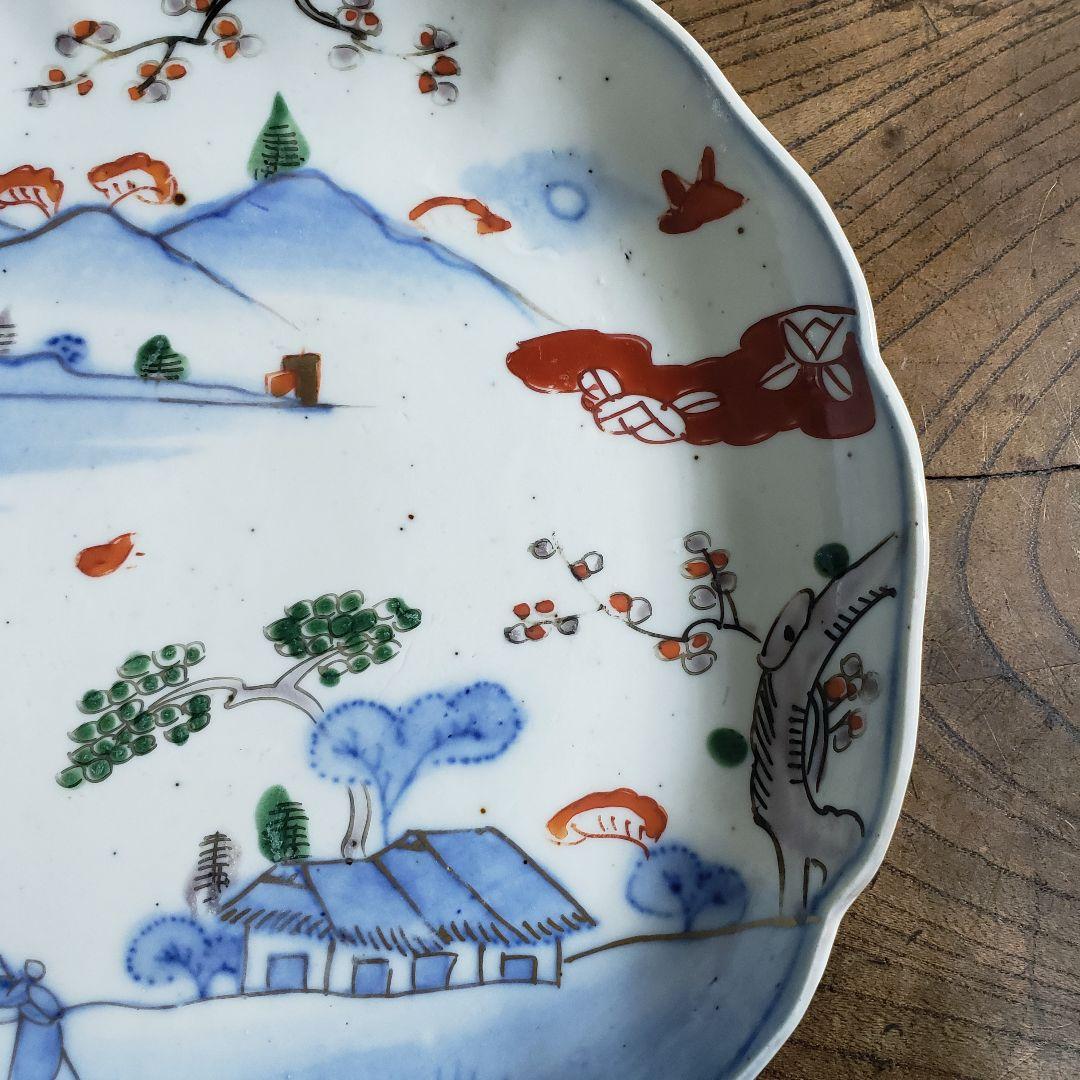 皿 色絵 山水 江戸 家屋 古伊万里 染付 鳥 松竹梅