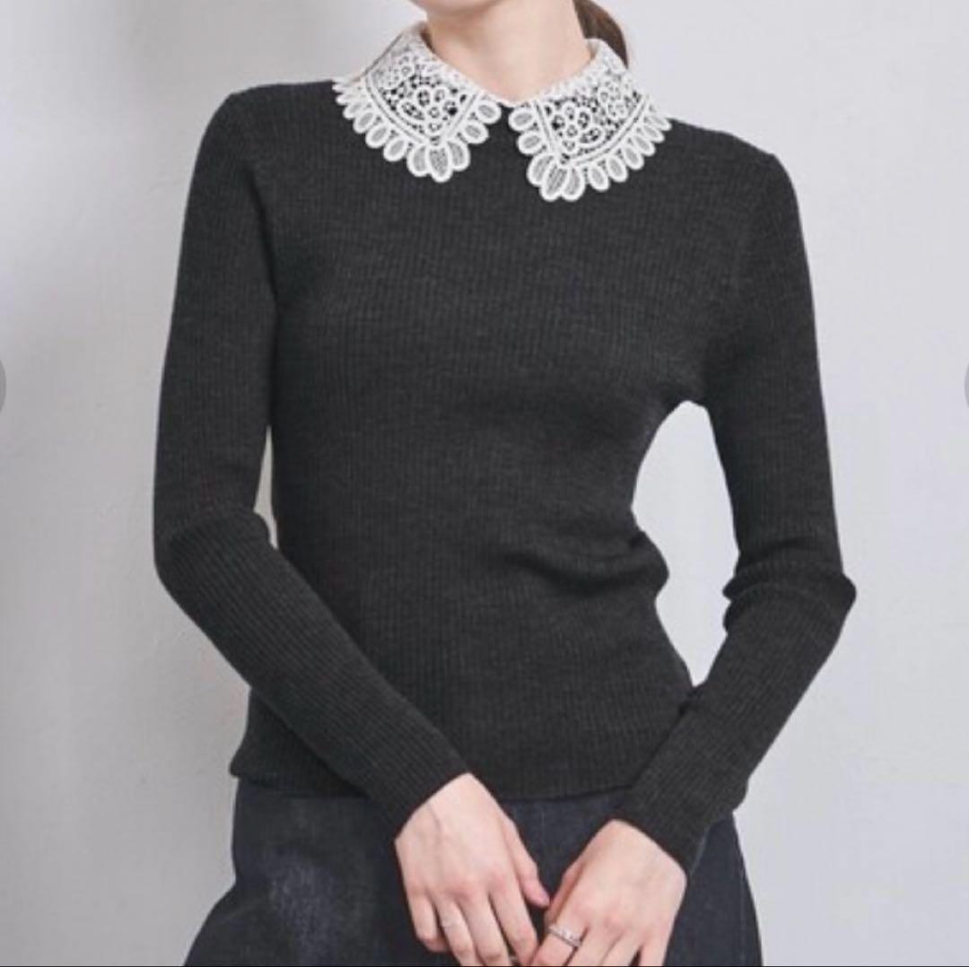 UNITED ARROWS レディ ロングスリーブ ニット 襟レース 取り外し可