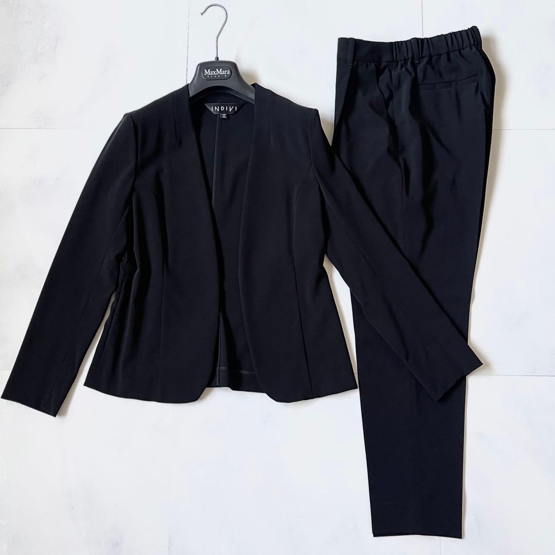 極美品 インディヴィ スーツ ノーカラージャケット パンツ セットアップ 黒 S