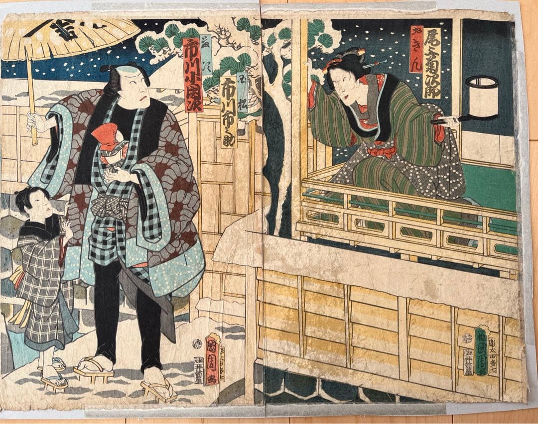 浮世絵 豊原國周 木版画 歌舞伎絵 役者絵 アンティーク 骨董画　2連画