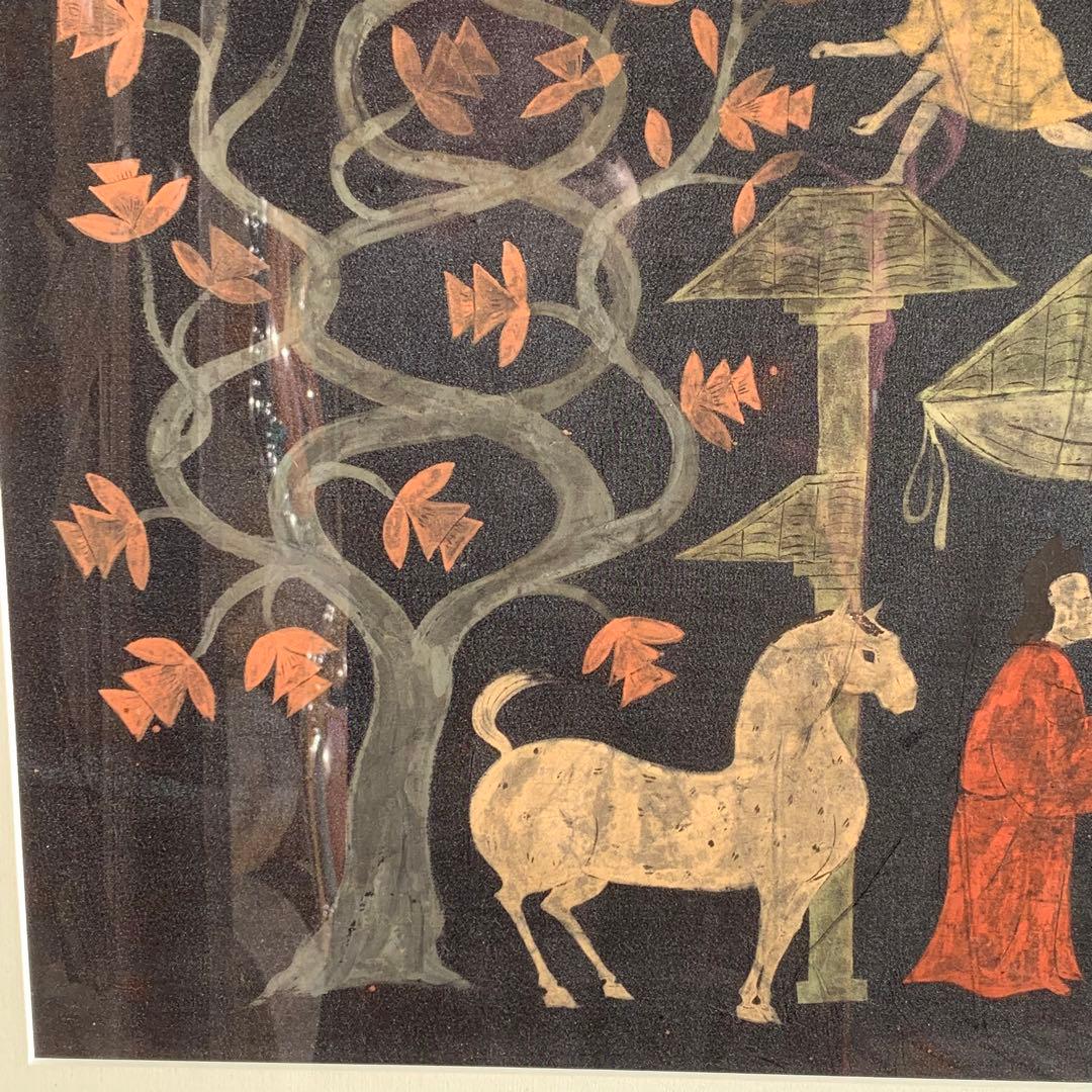 楚国 漢代 帛画 中国 シルク 絹 絵画 額縁 骨董品 馬 王 鳳凰 人