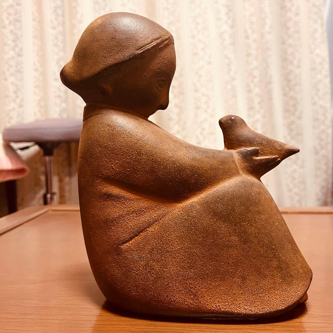 山本正道　鳩と少女　彫刻　オブジェ　女の子　青銅　鉄　鳥　骨董品　ビンテージ