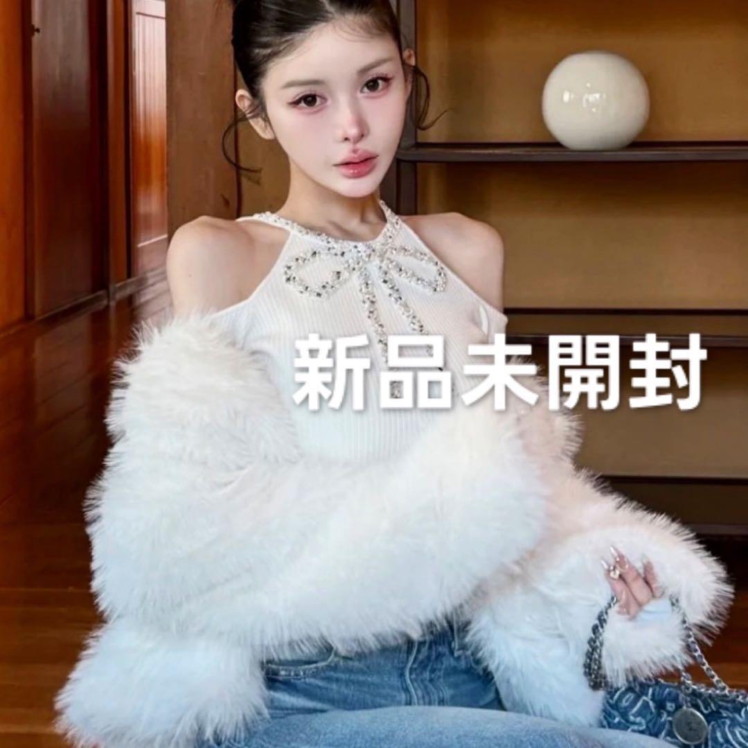 新品未開封 ダーリッチ リボンビジューアメスリニットトップス　ホワイト　FREE