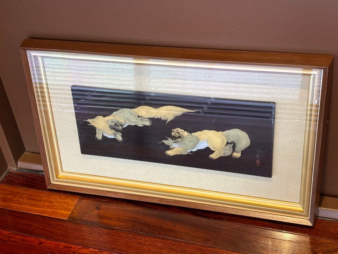 大人気 79cm 金彩 獅子 狛犬 縁起物 開運 福寿 額縁 輪島塗 沈金