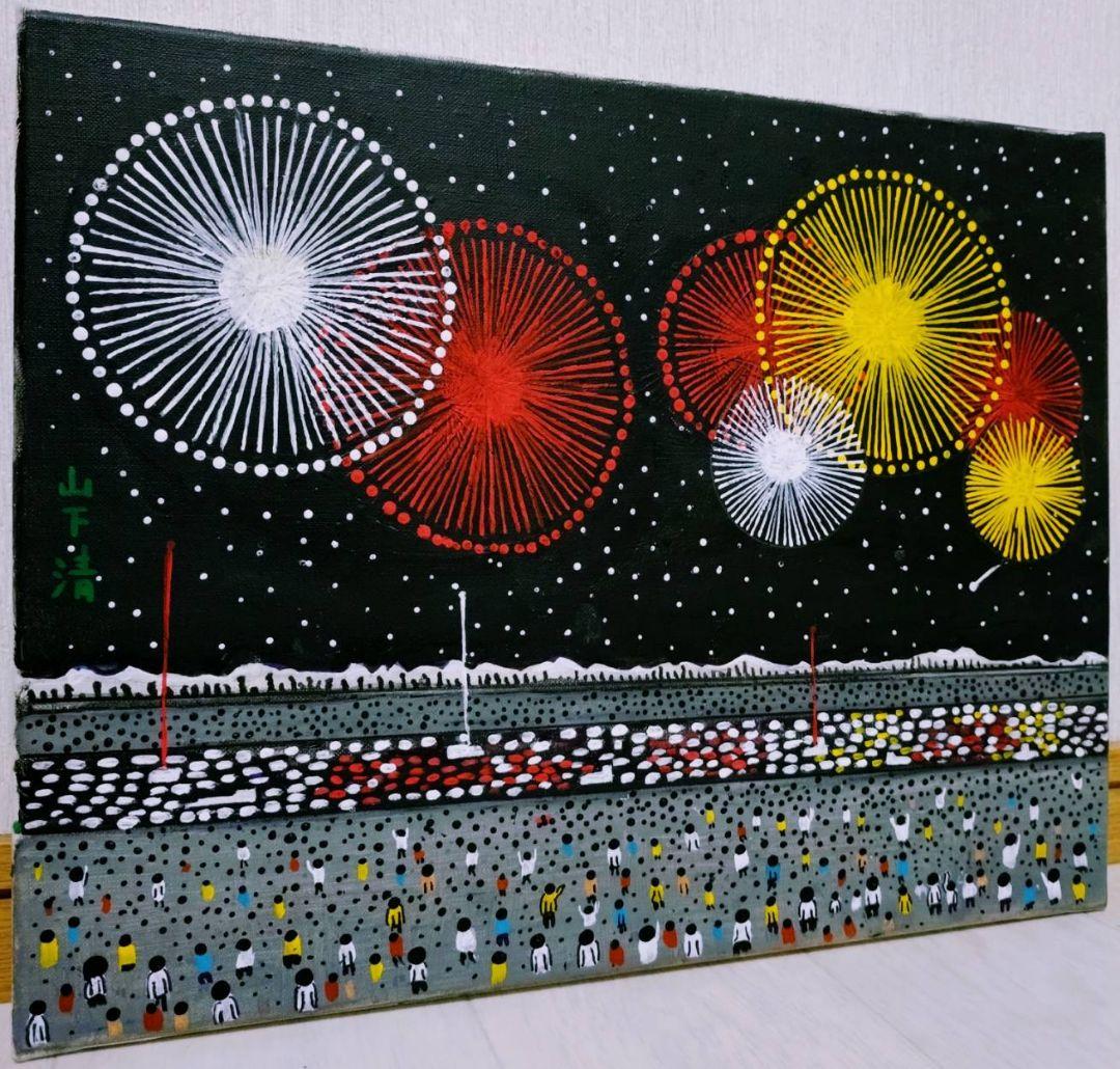 F6号】山下清【長岡の花火】手描き/表裏サイン・共シール有り/油彩