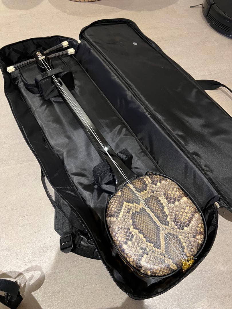 本ヘビ皮 三線 黒と金 専用ケース付き