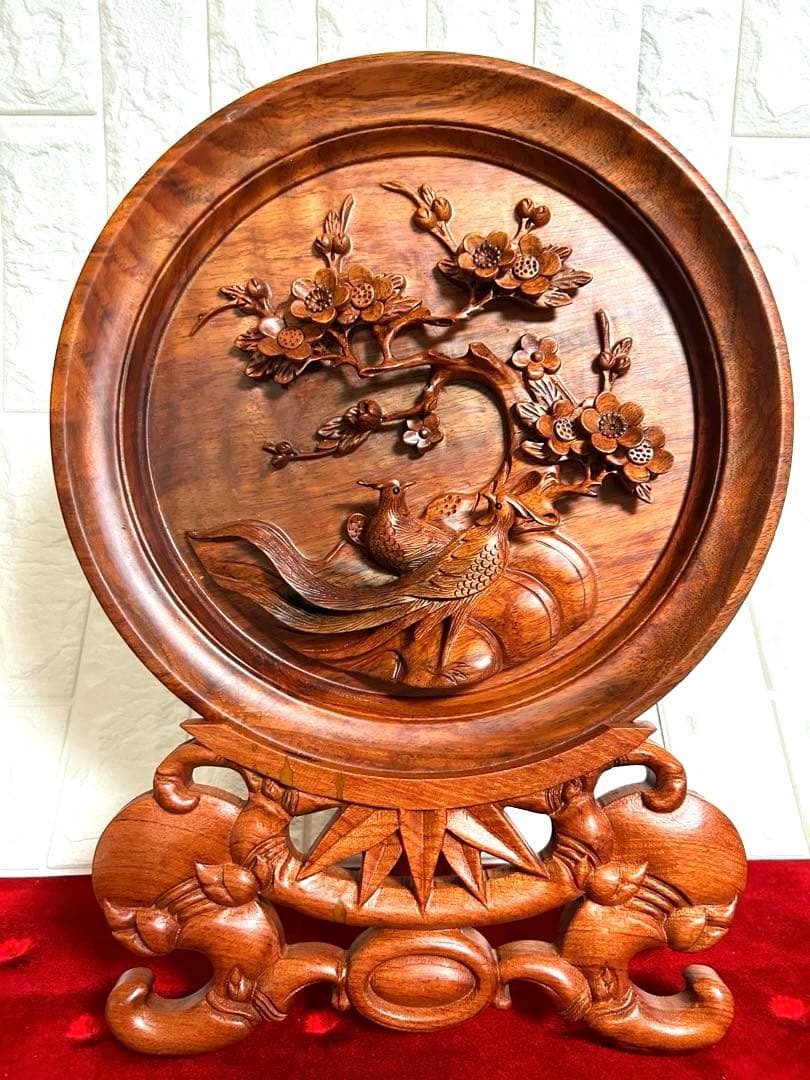 木彫り　花と孔雀　アプリコットプレート カメリア：プレート (23cm) | 平皿 | Sghr