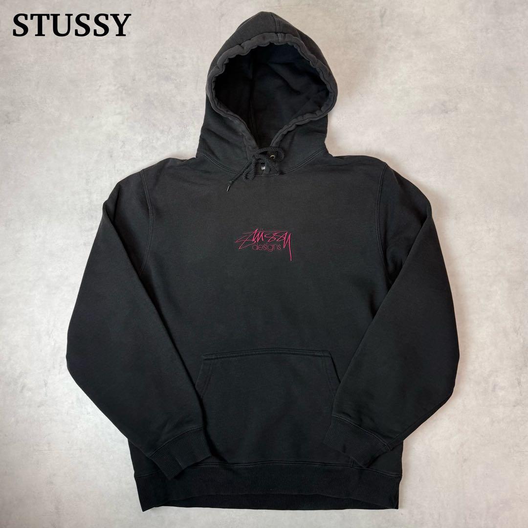 STUSSY パーカー 刺繍ロゴ ブラック L