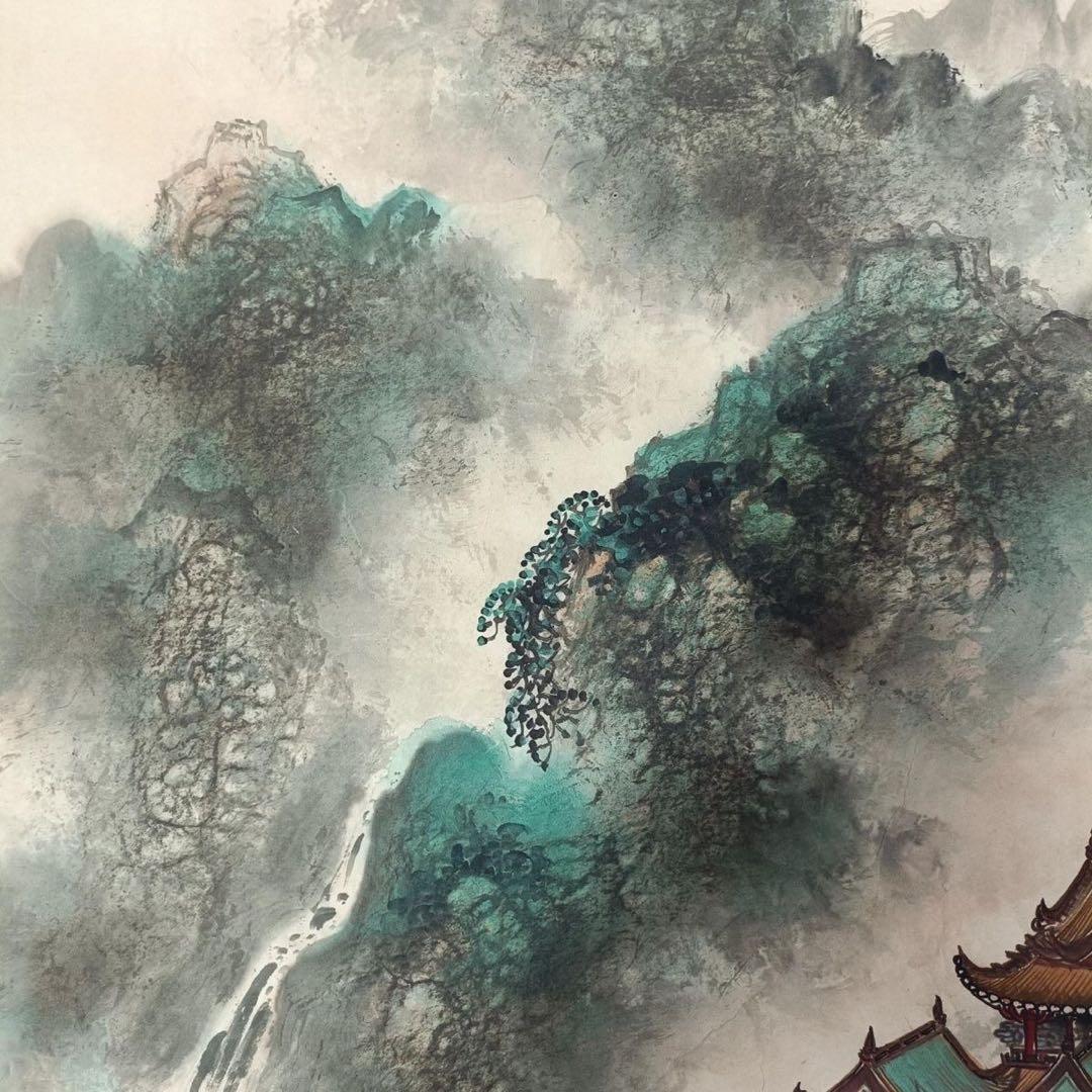 中国画 掛け軸 仇英《仙山楼閣》三尺中堂 掛け軸 装裱済み／題箋付き