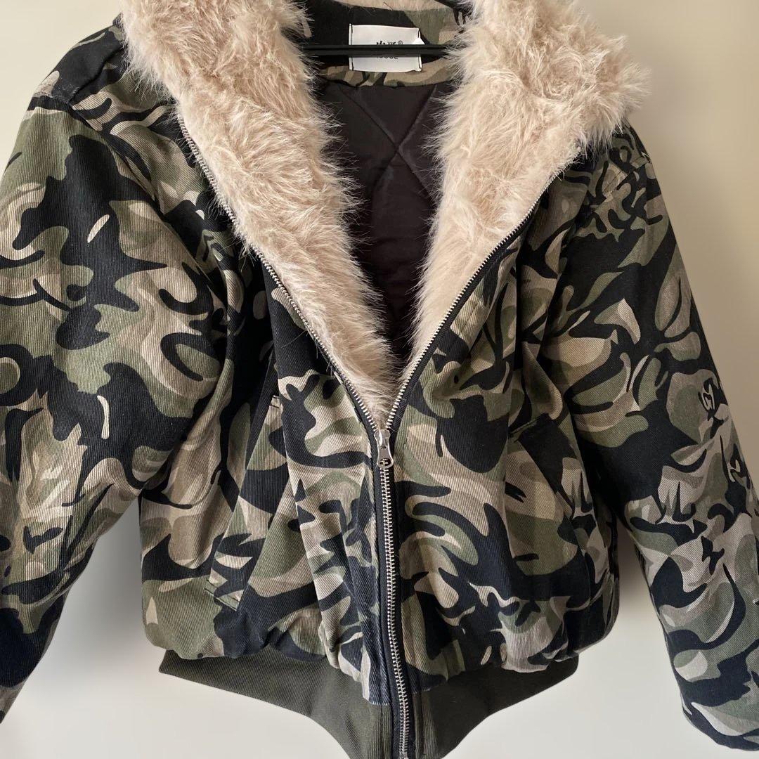 迷彩柄ファー付きフードジャケット Y2K y2k 迷彩ファージャケット