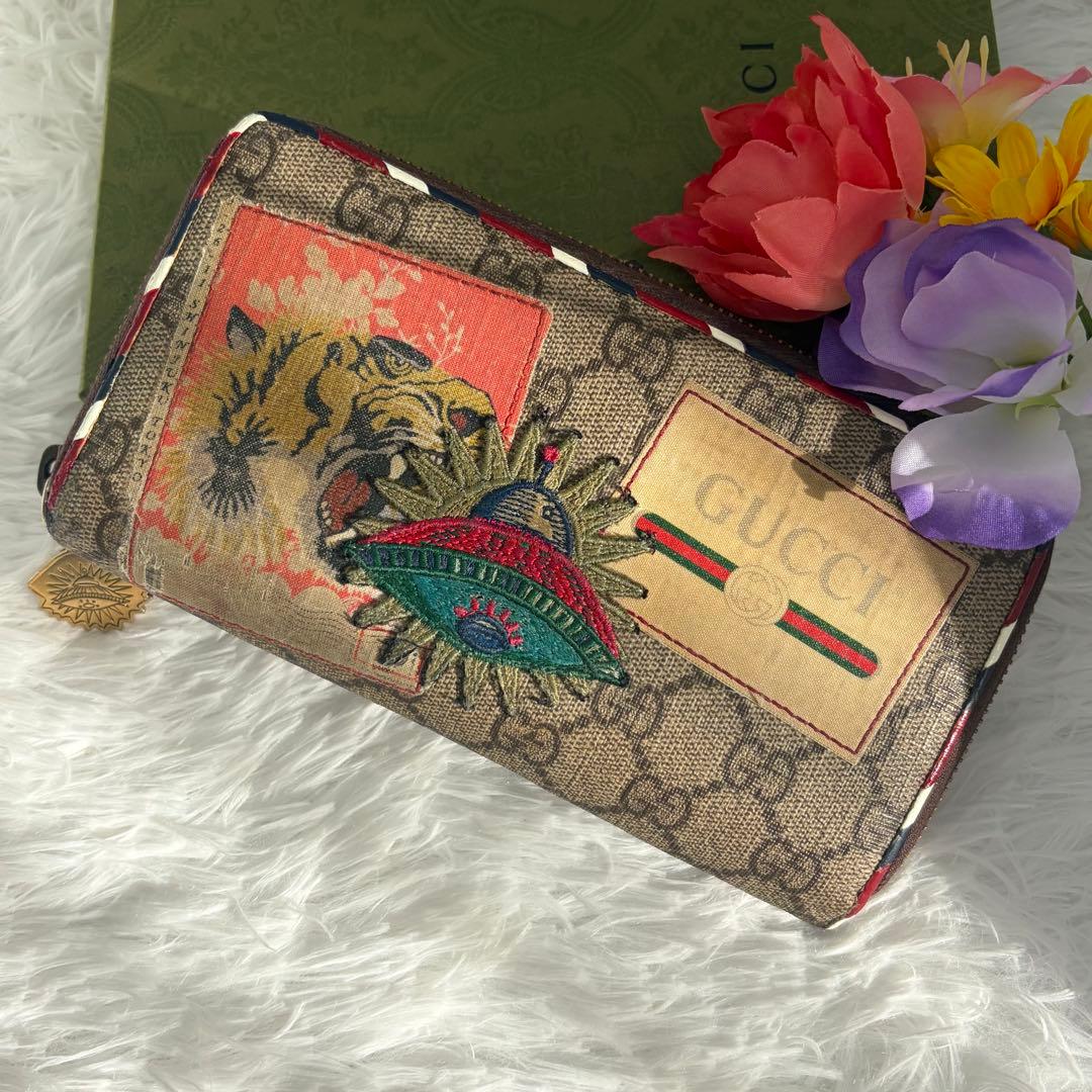 極美品✨グッチ　長財布　ラウンドファスナー　ナイト　クーリエ　レザー　茶　PVC