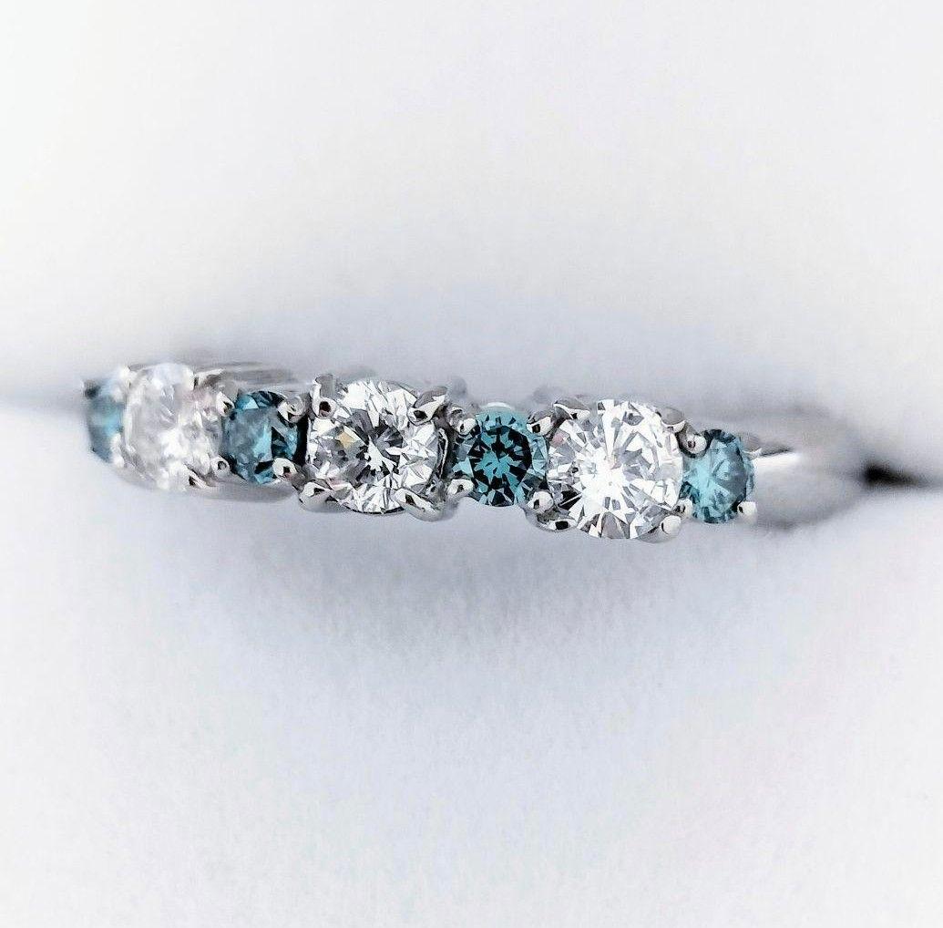 ダイヤモンド×ブルーダイヤモンド エタニティ 一文字 リング Pt900