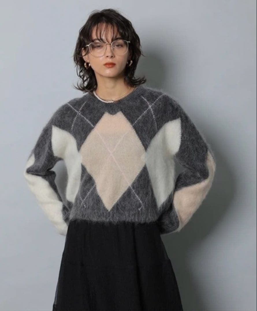 CADUNE カデュネ　Kidモヘアアーガイルニット　チャコールグレー　M