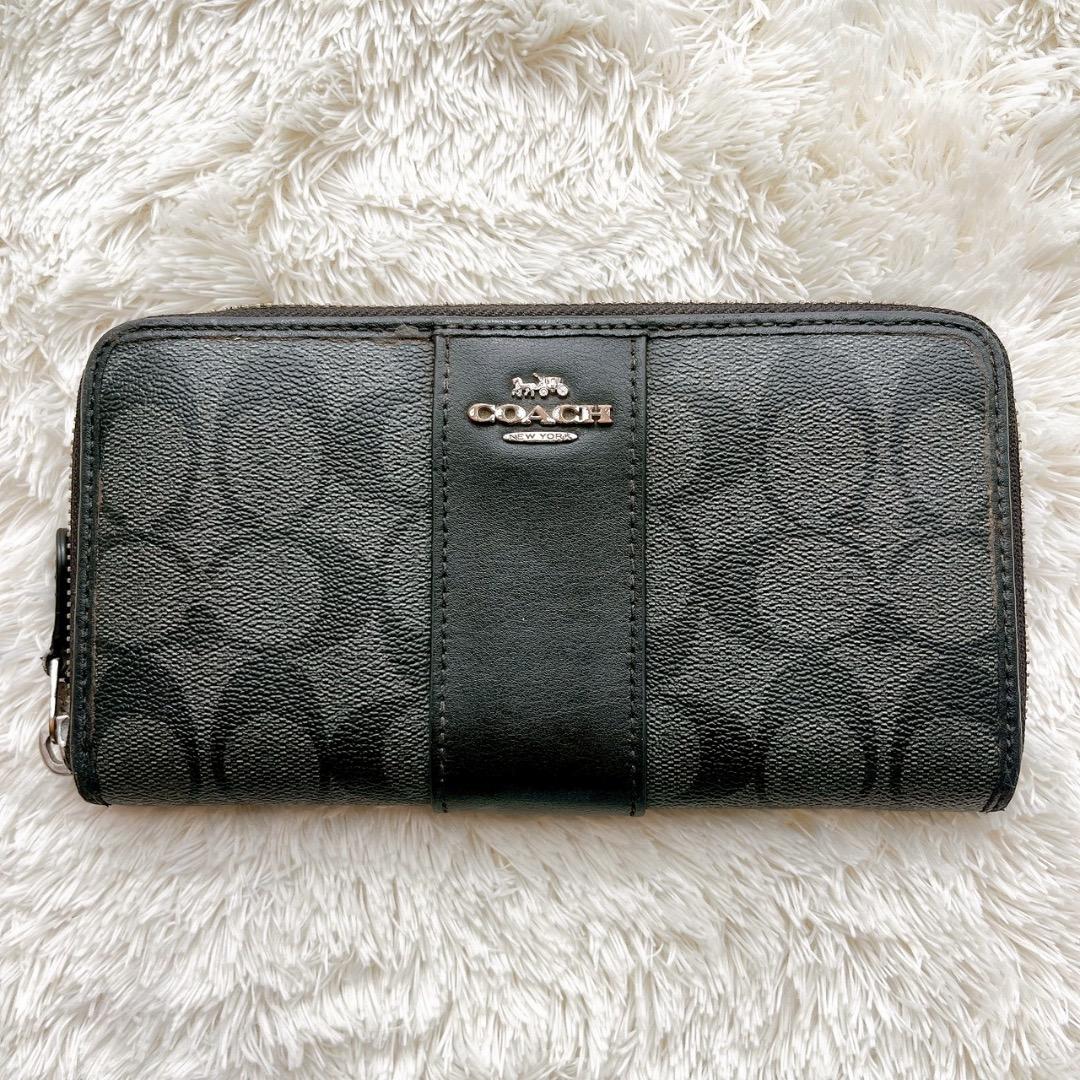 COACH コーチ 長財布 ブラック シグネチャー ラウンドファスナー