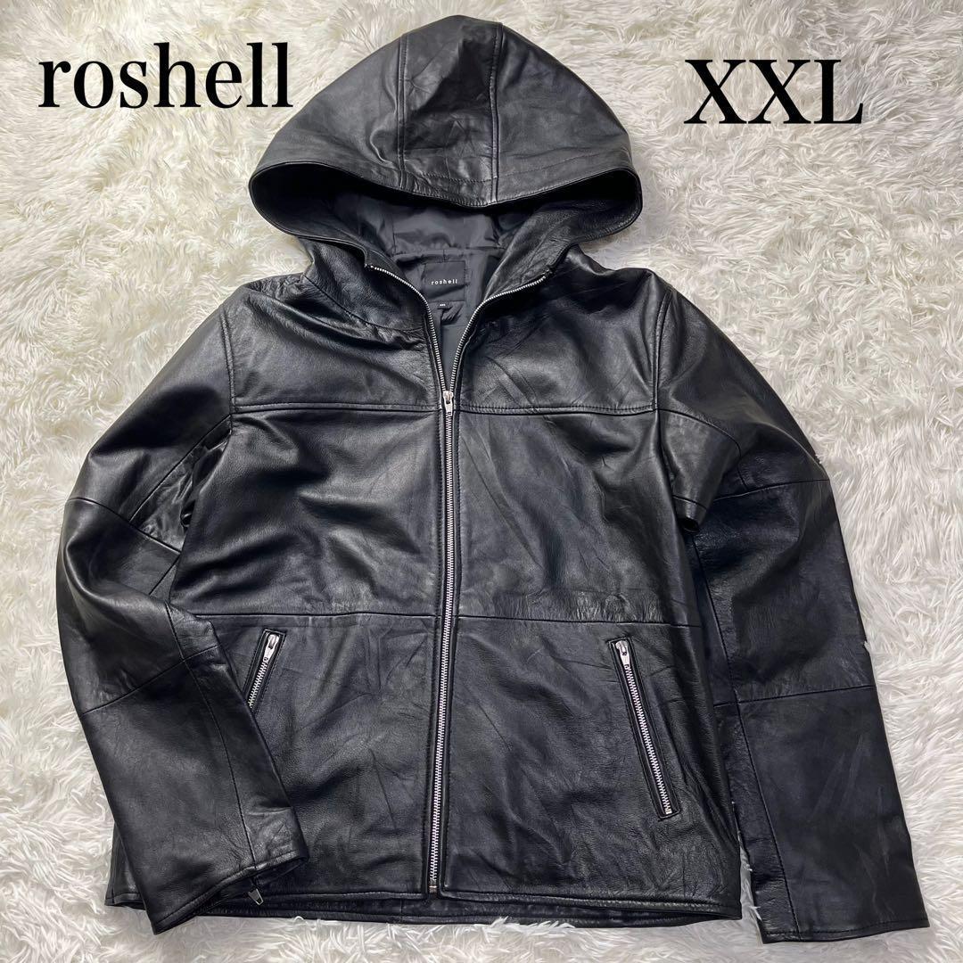 【大きいサイズ】roshell フード レザージャケット XXL 本革 ブラック