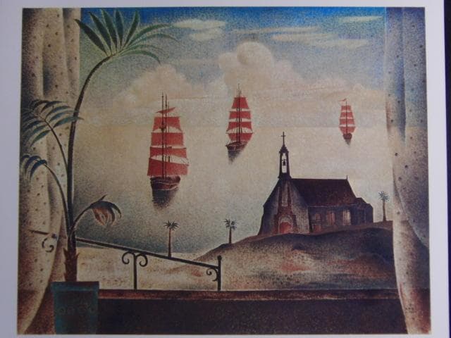 岡鹿之助、【滞船】、希少な画集画、新品高級額 額装付、状態良好