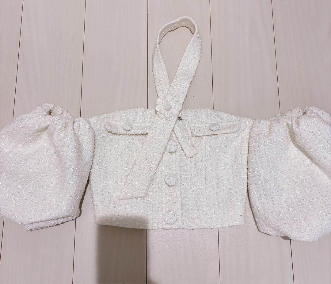 Darich ホルターネックオフショルツイードトップス (ホワイト) ダーリッチ Darich ホルターネックオフショルツイードトップス