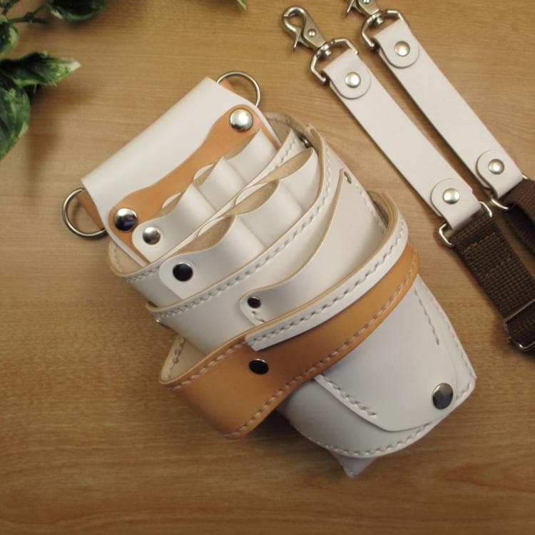 ホワイト＆うす茶色　６丁差し　本革シザーケース　SCA-151/CWB