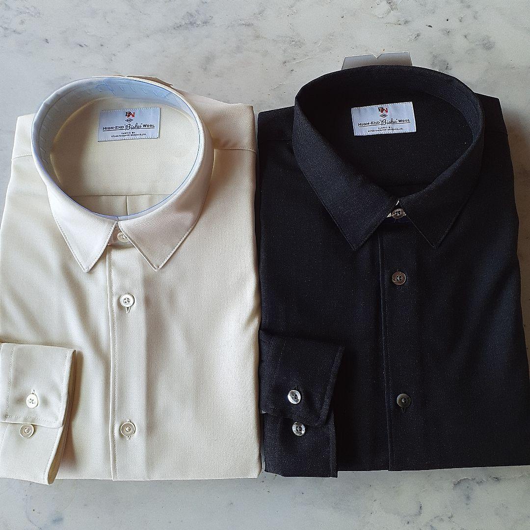 MBハイエンド尾州ウールシャツM オフホワイト、ブラック2枚セット