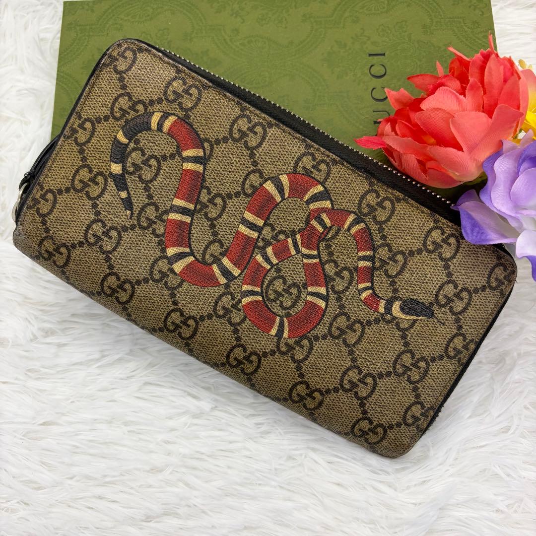 希少✨グッチ　長財布　ラウンドファスナー　蛇　GGスプリーム　PVC レザー　茶