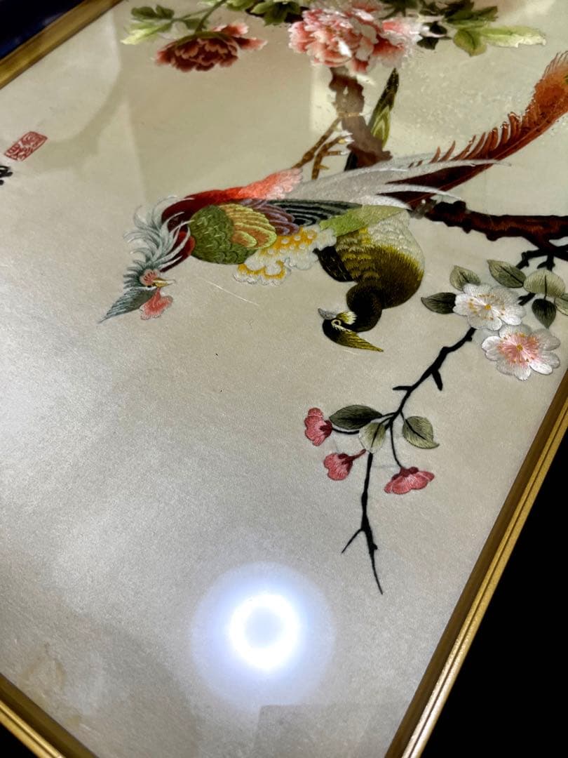 レア 希少【湘綉】ヴィンテージ 刺繍額 中国画 美術品 古美術 ガラス額