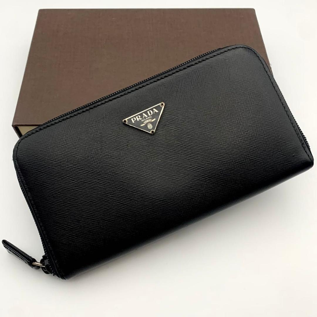 鑑定済み プラダ 長財布 ラウンドファスナー サフィアーノ 三角プレート 革 黒
