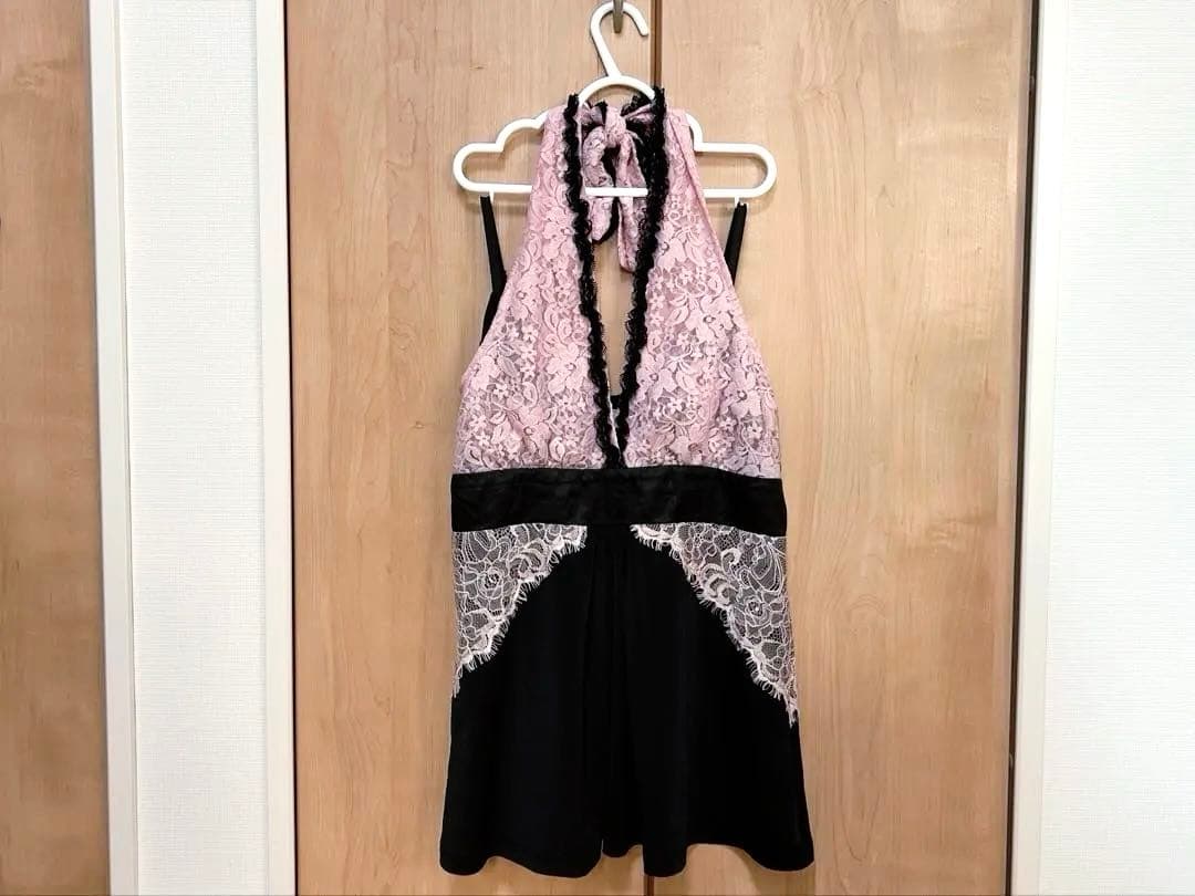 GOLDS♡レースリボン♡ホルターネック♡キャミトップス♡ブラック×ベビーピンク