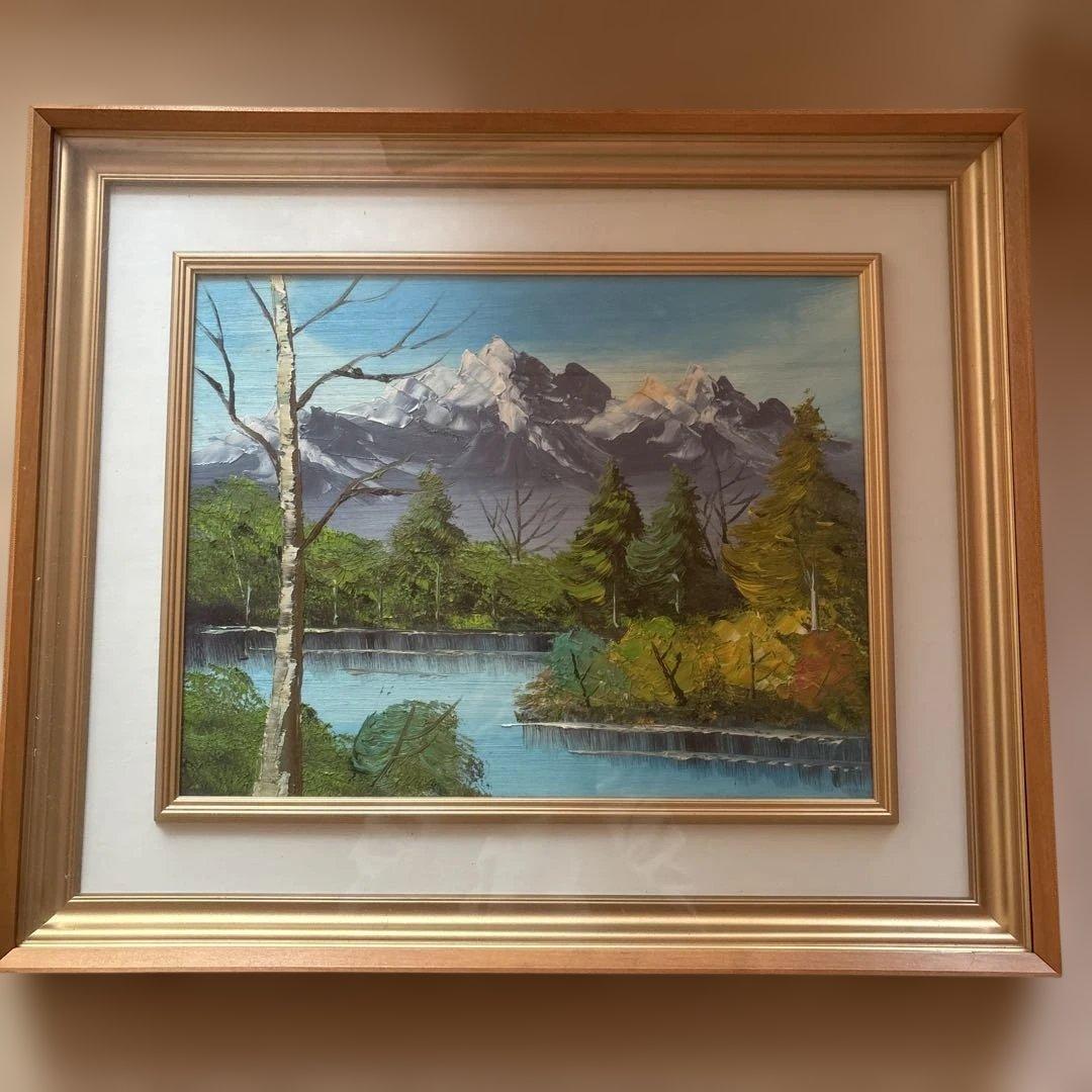 山と湖の風景 油彩画 金色フレーム付き 10％値引きしました