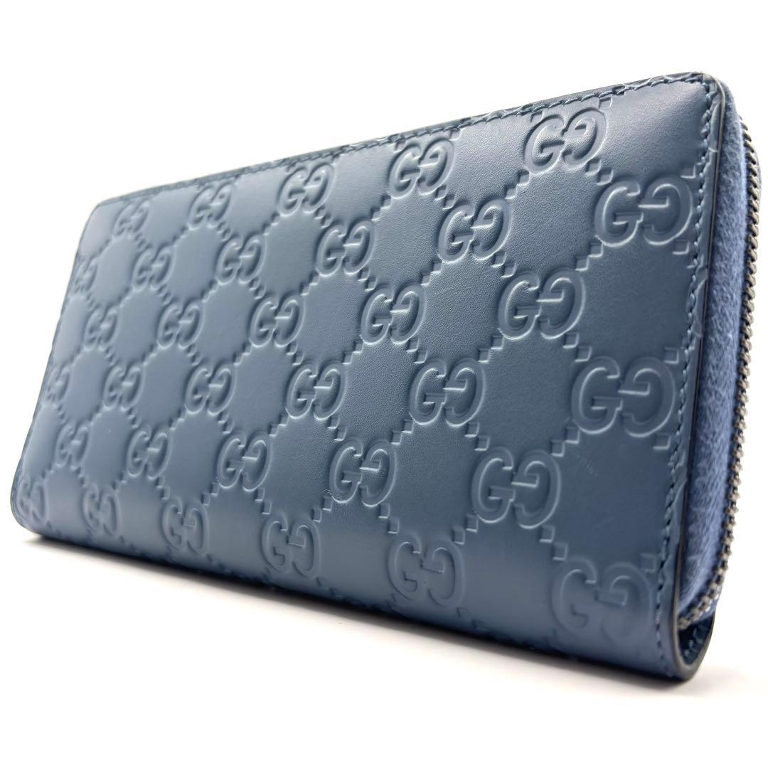 美品 グッチ 長財布 シマ GG ラウンドファスナー レザー ブルー グッチシマ グッチ財布 GUCCI 長財布 メンズ レディース マイクロ