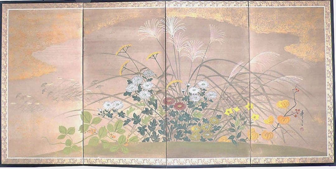 四つ折り屏風　日本画　和紙に金粉彩色　秋草(ハギ・ススキ) 四つ折り屏風 日本画 和紙に金粉彩色 秋草(ハギ・ススキ) 四つ折り屏風